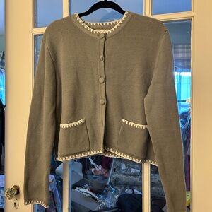 Jessica Simpson Olive Green Crewneck Button Cardigan with Cream Trim